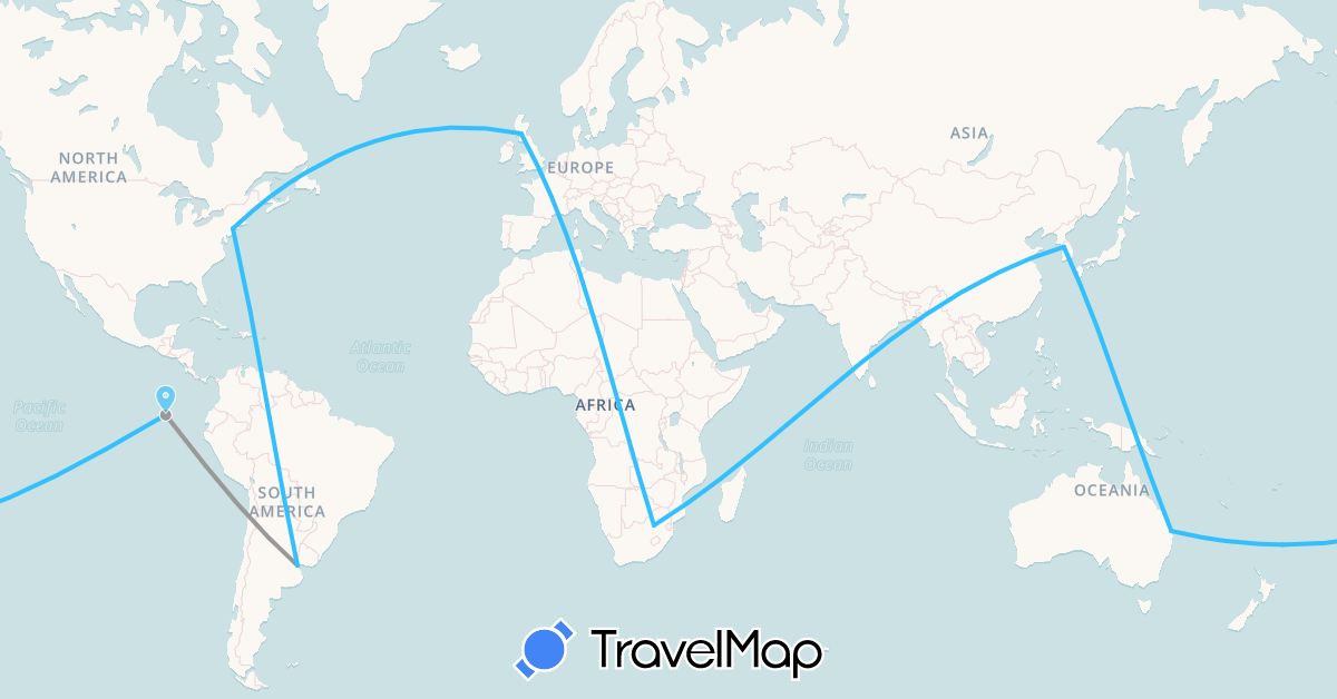 TravelMap itinerary: plane, boat in Argentina, Australia, Ecuador, United Kingdom, South Korea, United States, South Africa (Africa, Asia, Europe, North America, Oceania, South America)